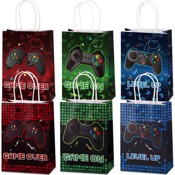 Nezyo 24 Pack Game Party Bags Video Game Party Favors Bags Gaming Paper Candy Treat Goodie Bag with Handle for Boys Kids Gaming Theme Birthday Party Gift Favor Supplies Decorations