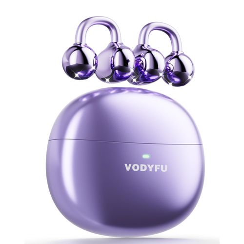 Vodyfu Clip on Earbuds Open Ear Earbuds Wireless Headphones with Mic,66H Play Bluetooth 5.4 Bone Conduction Headphones,Noise Cancelling,IPX5 Waterproof,Secure Fit for Small Ears, Sports&Workout,Purple