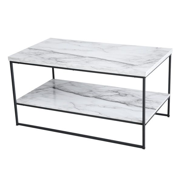 Tilly Lin 2 Tier Faux Marble Coffee Table, Water Resistant Accent Cocktail Table with Lower Storage Shelf, Carrara