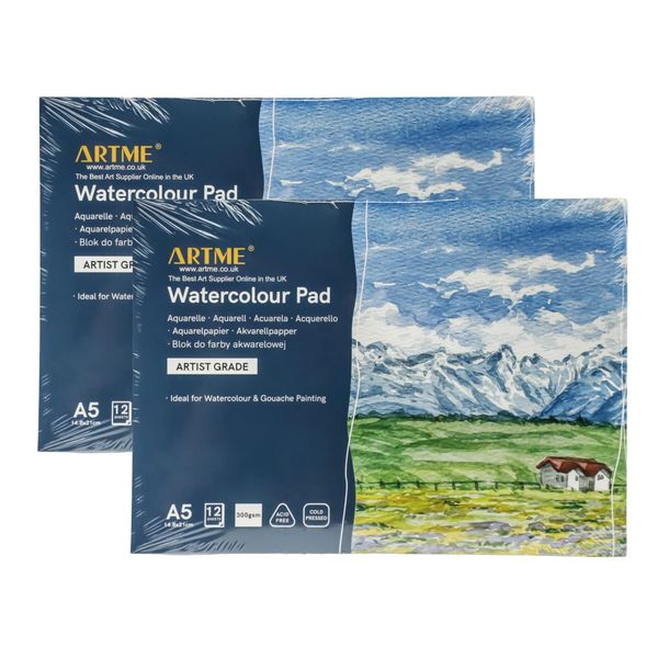 ARTME A5 Watercolour Pad (2 Pack) x 12 Sheets/ 300gsm/ Firmly Textured/Cold Pressed/Cellulose Acid Free/Premium Quality Drawing Pad Sketchbook Aquarelle & Gouache Painting(A5 2 Pack)