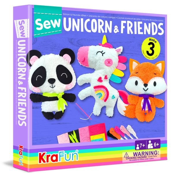 KRAFUN Unicorn Beginner Animal Sewing Kit for Kids Age 7-13 My First Art & Craft, Includes 3 Stuffed Animal Dolls Panda, Fox, Instructions & Plush Felt Materials for Learn to Sew, Embroidery