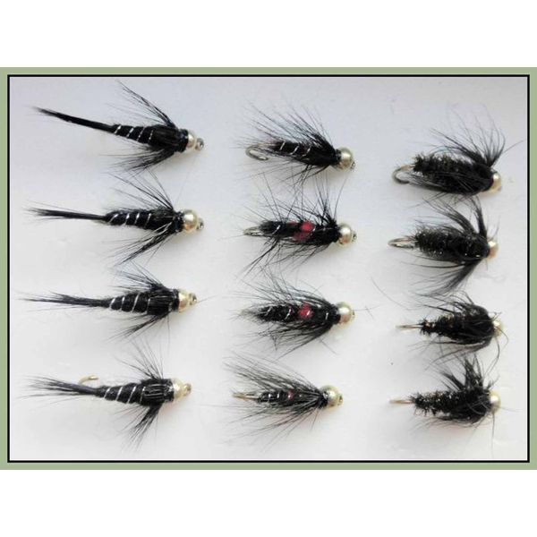 Gold Head Nymph Trout Flies, 12 Pack, Bibio, Black/Peacock, Black/Silver 10/12