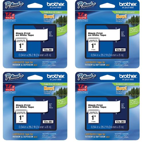 Brother Genuine P-Touch 4-Pack TZe-251 Laminated Tape, Black Print on White Standard Adhesive Laminated Tape for P-Touch Label Makers, Each Roll is 0.94"/24mm (~ 1") Wide, 26.2 ft. (8M) Long