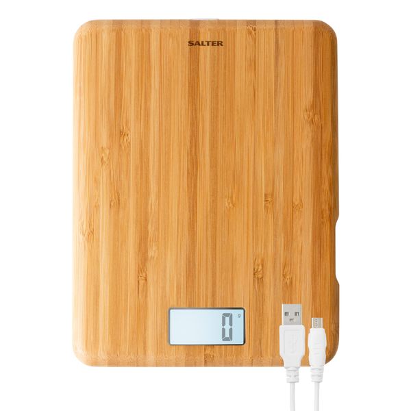 Salter 1094 WDDR Eco Bamboo Electronic Kitchen Scale – Digital Baking Scale, 5kg Capacity, Rechargeable Food Scale, Add & Weigh Tare Function, Easy Read Display, Measures Liquids, USB Charging Cable