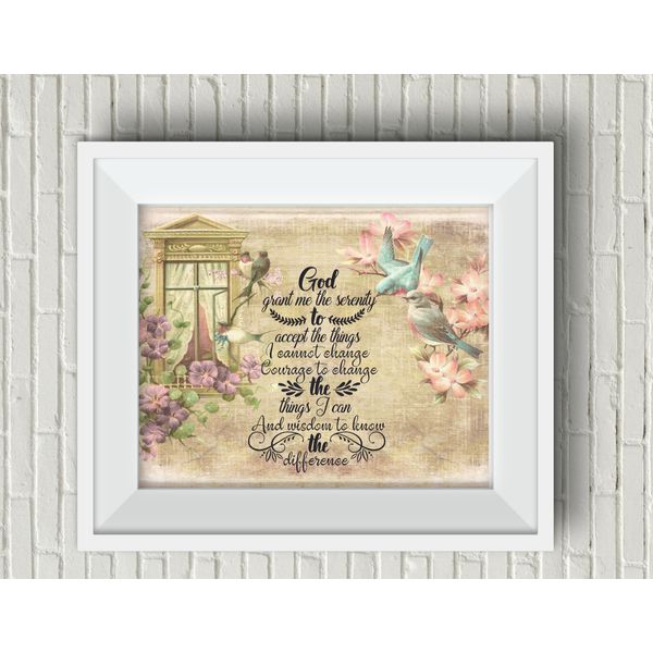 SERENITY PRAYER Birds Vintage Style UNFRAMED wall art print Encouragement Faith