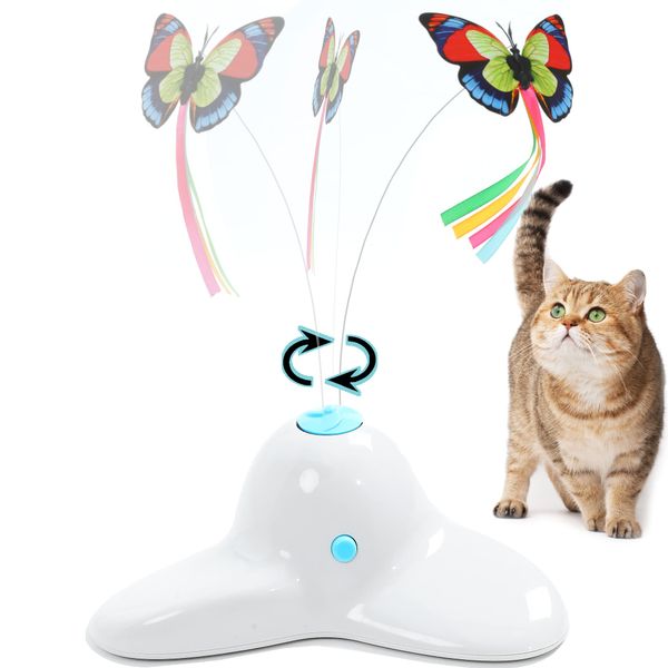 Vealind Indoor Interactive Play Teaser Cat Toy with 360°Electric Rotating Butterfly (Cream White)