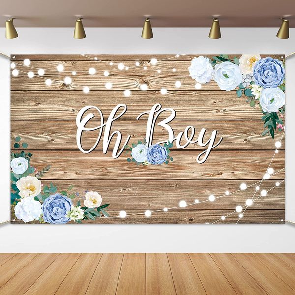 Baby Shower Backdrop Banner Oh Boy Gender Reveal Party Background Rustic Wood Flowers Newborn Baby Party Backdrop Decorations