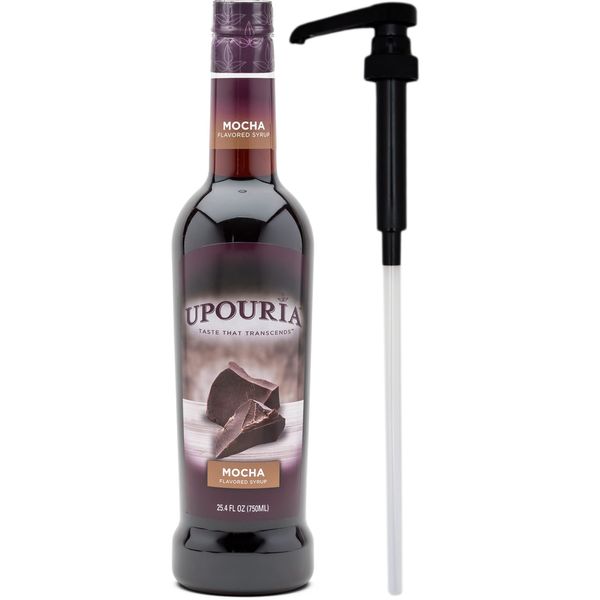 Upouria Mocha Coffee Syrup Flavoring, 100% Vegan, Gluten Free, Kosher, 750 mL Bottle - Coffee Syrup Pump Included