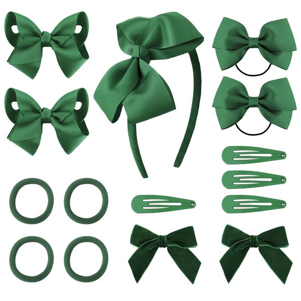 DRESHOW Girls School Hair Accessories Kit Green Bow Hair Clips Headband Ribbon Bow Hair Barrettes Ponytail Holder for Little Girl Toddlers Teens Birthday Present