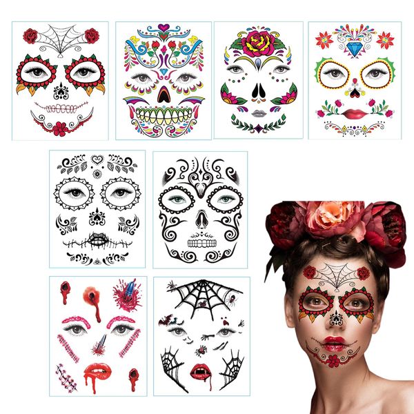 DOKEI 8 Blätter Temporäre Tattoo Totenkopf Halloween Schminke Tattoo Spinnennetze Gesicht Tattoos Karneval Make up Aufkleber für Masquerade Punk Party Gruselparty Cosplay