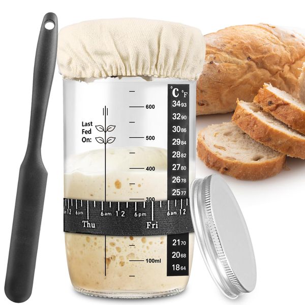 zunmial Sourdough Starter Jar 680ml, Glass Sourdough Starter Kit with Date Feeding Band, Thermometer, Cloth Cover & Metal Lid, Reusable Sourdough Bread Baking Supplies, Home Baking Supplies