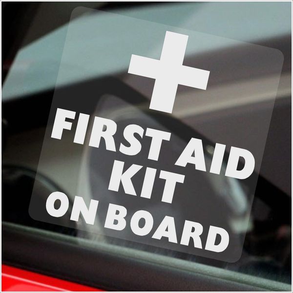 1 x Sticker First Aid Kit On Board WINDOW Sign Car Van Bus Cab Doctor Bandage Plaster Box Inside Taxi Vehicle Notice Ambulance Internal Reverse Label Health and Safety Accident WHITE on CLEAR 100mm