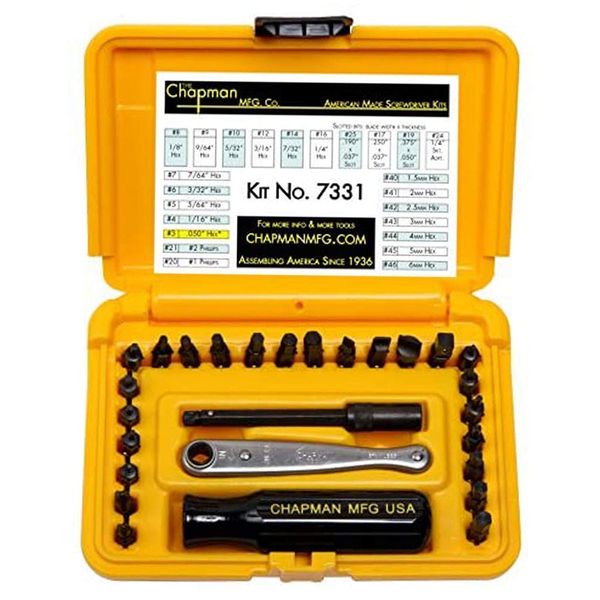 Chapman MFG 7331 All-Purpose Standard Screwdriver Set - Includes Phillips, SAE Allen Hex & Slotted/Flathead Bits - Complete Set Offers 24 USA Made Insert Bits + Mini Ratchet Hand Tool (Yellow Case)