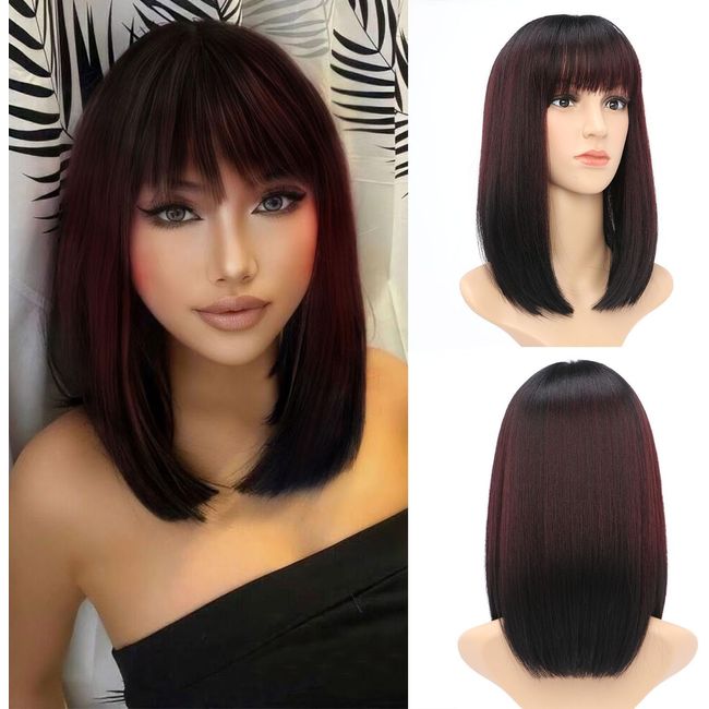 BESTUNG Wine Red Ombre Bob Wigs With Fringe Shoulder Straight Black Hair Wigs for Women Cosplay Wig with Bangs Dark Roots Red Natural Hair Synthetic Wig(Up and Down Dyeing) (wine red)