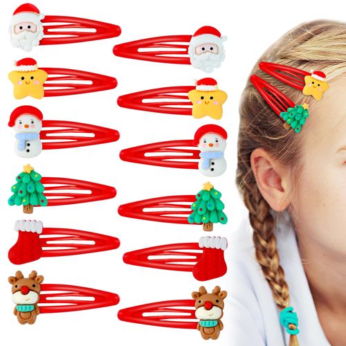 Kiiwah Pack of 12 Christmas Hair Clips Children, Christmas Hair Accessories Cartoon Hair Clips, Christmas Hair Clips Decoration for Girls Children Women (Red)