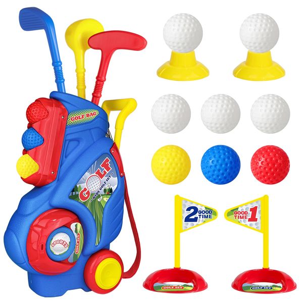 Popsunny Toddler Golf Set for 2 3 4 5 Years Old Boys Girls, Upgraded Kids Golf Cart with Golf Clubs & 8 Balls, Outdoor Indoor Sports Toys Birthday for Little Golfers, Blue