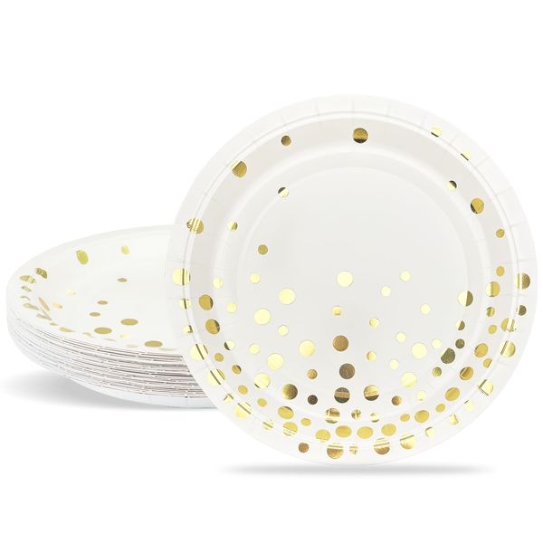 ZVK Gold Party Paper Plates, Pack of 24 White 18cm Dessert Plates Tableware Disposable Dinnerware for Weddings, Bridal Shower, Graduations, Anniversary