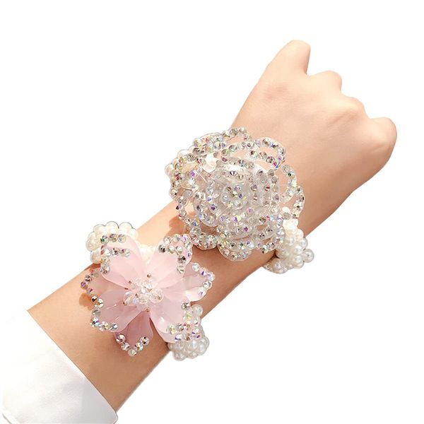 Xiwstar 2Pcs Fashion Rhinestone Flower Hair Scrunchies Beaded Bracelet Hair Ties Bands for Women Girls Ponytail Holder