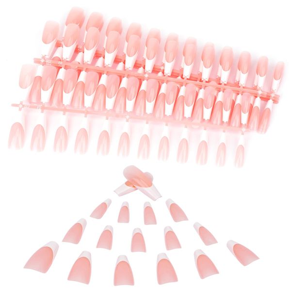 MWOOT 144Pcs French Acrylic Press on Nails, Medium Length Full Cover Artificial Nail Tips, DIY False Nails Pieces, Pink French Manicure Nails for Women and Girls, Coffin Fake Nails for Nail Art Design