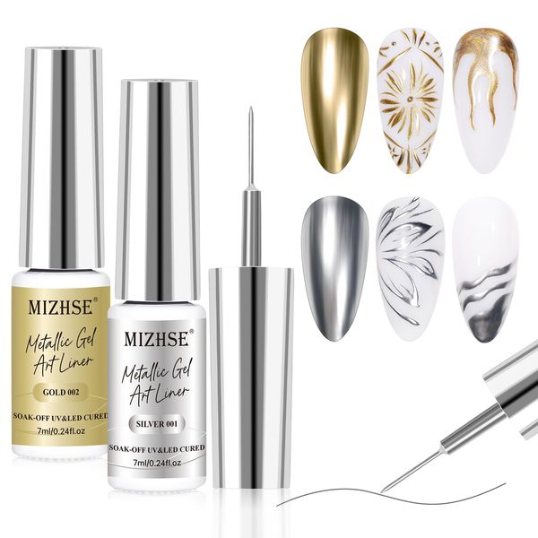 MIZHSE Gold and Silver Metallic Liner Gel Nail Art 3D Mirror Gel Paint 7ML, Metal Glossy Painting Drawing Line Swirl French Nail Design Dotting Soak off Manicure Set for Nail Art