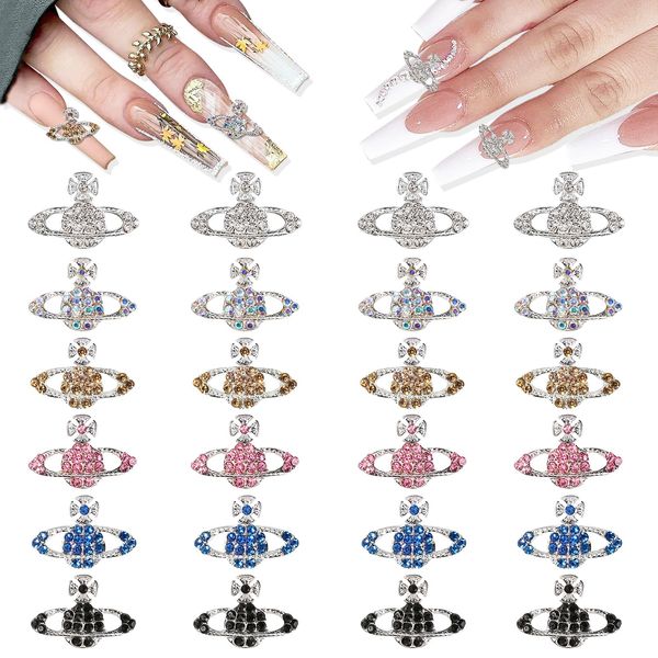 24Pcs Planet Nail Charms, CYHYII 3D Y2K Nail Art Charms Exquisite Rhinestones Gems Diamond Saturn Shape Nail Accessories for Women Girls Nail Art Design DIY Craft Crystals Jewelry(6 Colors)