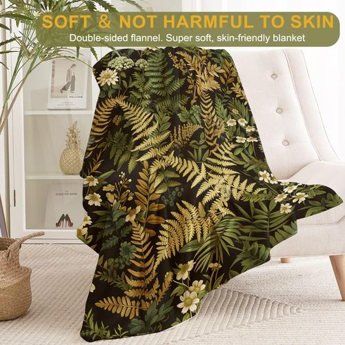 ainori Botanical Flannel Blanket - Lightweight Soft Cozy Unique Gifts Blankets for Nature Lovers,Kids,Adult,Women,Wildflower Plant Fern Leaves Throw,Home Room Modern Forest Decor 40x50in
