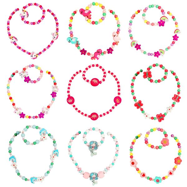 Hifot Beaded Necklace and Bracelets for Little Girl 9 Sets, Unicorn Mermaid Flamingo Butterfly Rainbow Flower Dolphin Crown Wooden Bead Dress Up Jewelry Set Party Favor Bag Gifts for Kids