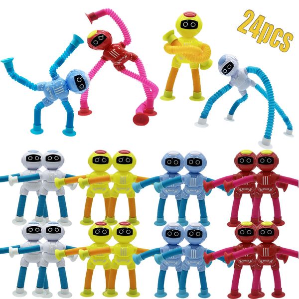 Shape Changing Spaceman Robot Toy, Suction Cup Toys,Telescopic Pop Tubes Fidget Toys,Autism Sensory Toys for Kid Boys (Multicolor 24pcs)