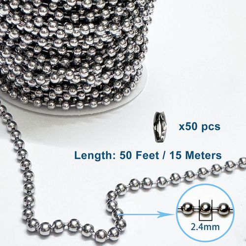 2.4mm Ball Bead Chain 50ft Stainless Steel Bead Link Chain Roll with 50pcs #3 Matching Connectors for Dog Tag Necklace, Keychain, Retention Chain