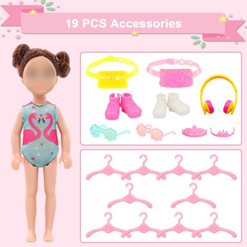 30 PCS Mini 6 Inch Doll Clothes and Accessories Include 4 Tops, 4 Pants for Boy Dolls, 5 Dresses , 2 Swimsuit and 2 Shoes, 10 Outfits Hangers Pocket Glasses Headset Crown for 5.3-6 Inch Dolls