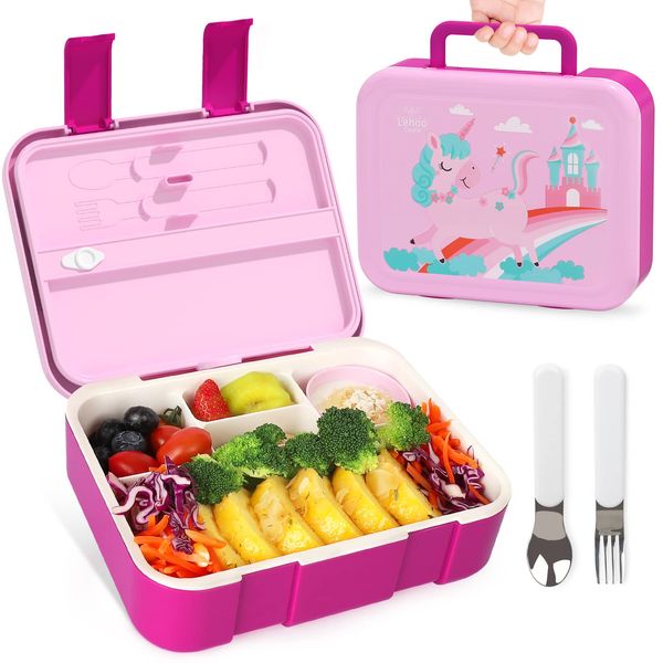 Lehoo Castle Bento Lunch Box for Kids, 1.25L Bento Box Lunch Containers with 5 Compartments, Toddler Lunch Box with Sauce Jar/Spoon & Fork (Unicorn)