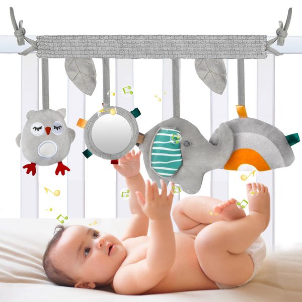Aolso Baby Pram Toys, Baby Sensory Toys Crib Toys, Clip on Cot Activity Crib Toy for Baby with Mirror, Sensory Stroller Travel Toys for Newborn Toddler Boys Girls 0 3 6 9 12 Month (Elephant)