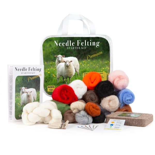 Complete Needle Felting Craft Starter Kit for Beginners, Premium Tools and Supplies, 17 Colors Wool, 6 Needles Color Coded, Wool Felting Pad, Leather Finger Guards, Storage Case, Assembled in USA