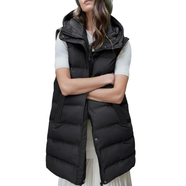 Gihuo Women's Long Puffer Vest Winter Warm Quilted Hooded Zip Up Sleeveless Jacket Vest Gilet (Large, Black)