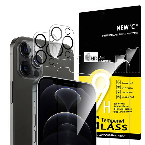 NEW'C 4 Pack, 2 Pack for iPhone 12 Pro Max Screen Protector + 2 Pack Camera Lens Protector, Sensor Protection,Case Friendly Tempered Glass Film