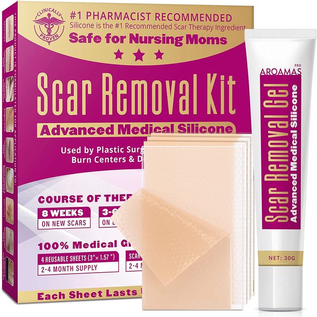 Aroamas Scar Silicone Scar Sheets 4 Sheets and Silicone Scar Gel 30g, Scar Removal Kit, Clinically Proven, for Face, Body, Stretch Marks, C-Sections, Surgical, Burn, Acne, Old & New Scars
