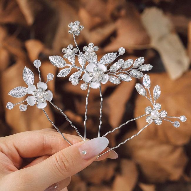 IYOU Kristall Hochzeit Haarnadeln Silber Blume Haarstücke Gemeinschaft Braut Haarschmuck für Frauen (Packung mit 3)