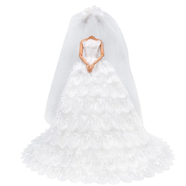 E-TING White Gorgeous Long Wedding Dress Princess Gown Clothes with Veil for 11.5 inch Girl Dolls（Doll Not Included）