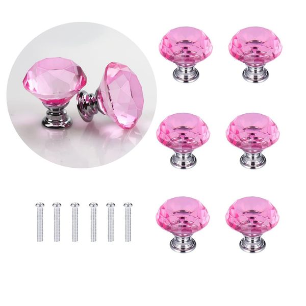 6 PCS Pink Crystal Door Knobs 30mm Glass Drawer Knobs Pink Cupboard Cabinet Handle Drawer Pull Handle with Screw, Diamond Pulls with Screws for Home Kitchen Office Drawer Decoration