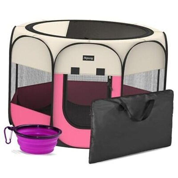 Portable Foldable Pet Dog Cat Playpen Pink Large(45"x45"x24" with free bonus)