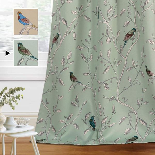 H.VERSAILTEX Blackout Curtains for Bedroom 96 Inches Length Thermal Insulated Birds Rustic Printed Curtain Drapes for Living Room Energy Efficient Room Darkening Home Decoration Pair 2 Panels, Sage