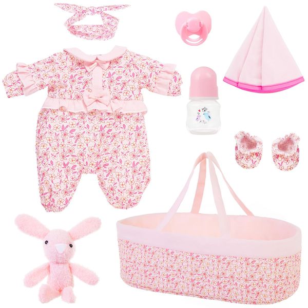 18INDC 8 Pcs Baby Doll Clothes Baby Doll Accessories Set with Bassinet for 17-22 Inch Baby Doll, Newborn Baby Doll Clothes Outfit Accessories fit 17"-22" Reborn Doll Baby Doll Girl