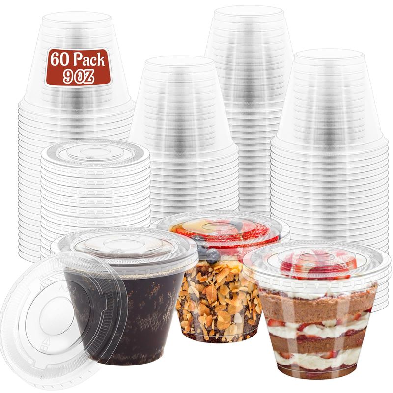 GGOLDMER 60 Pack 9 oz Clear Plastic Cups with Lids No Hole, Dessert ...