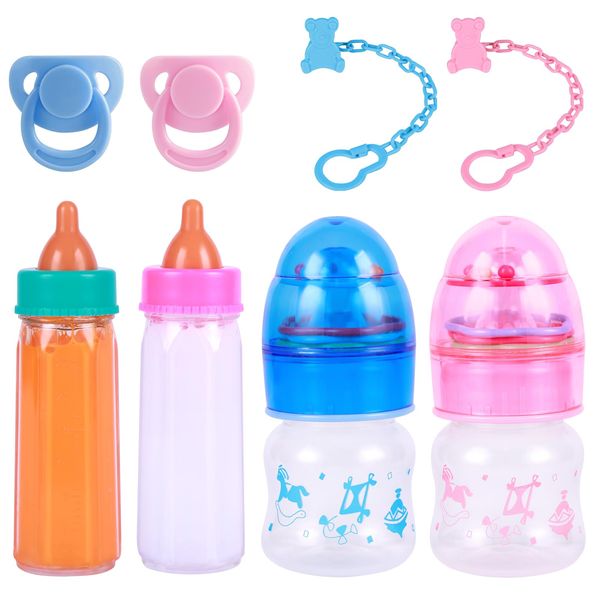 BABESIDE Baby Doll Bottles with Disappearing Milk and Juice Magic Bottles, Magnetic Pacifiers and Pacifier Clips Chain for Reborn Baby Dolls Girls & Boys, 8 Pcs Baby Doll Accessories Set