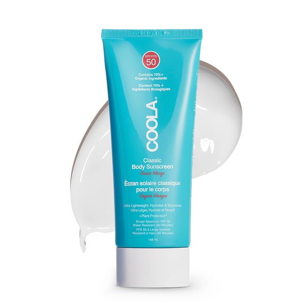 Coola Classic SPF 50 Body Sun Cream Lotion, 70 Percent + Organic Sunscreen with Broad Spectrum UVA/UVB Protection, Reef Friendly and Vegan, Guava and Mango, 148 ml