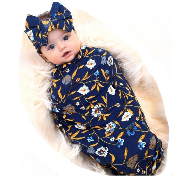 Galabloomer Newborn Baby Sleep Receiving Blanket and Bow Headband Set Baby Swaddle Blanket (dark blue)