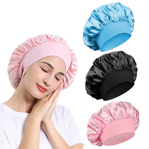 3 Pack Satin Bonnet, Night Sleep Caps with Wide Elastic Band, Silk Wrap, Soft Head Cover Sleeping Hat for Women and Girls Curly Hair (Pink,Black,Blue)