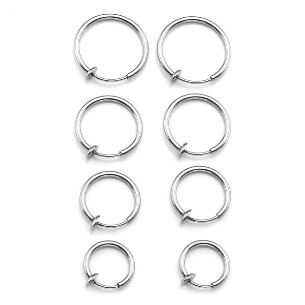 PiercingJ 4Pairs Hoop Rings Stainless Steel 14G Fake Nose Ring Spring Hoop, Clip On Earrings Fake Septum Cartilage Earrings Lip Ring Non Piercing Hoop Faux Body Piercing Jewelry 10-16mm