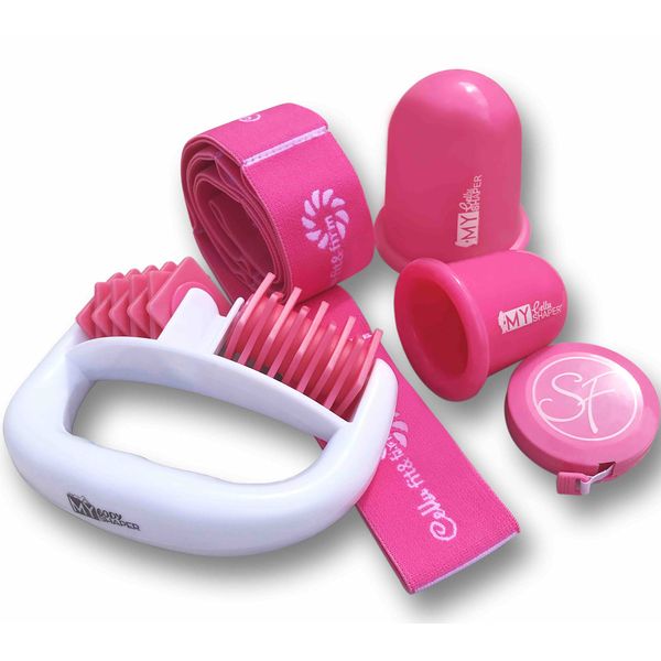 Stephanie Franck Beauty Massagegeräte Set Nr°3 - mit 1 My Body Shaper Massage Roller, 2 Saugglocken My Cellu Shaper (5,5 cm und 7 cm), 1 Yoga Elastikband und 1 Zentimeterband (rosa)