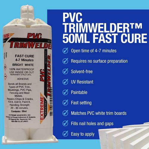 PVC TrimWelder Fast Cure 50 ML Cartridge and 2 Included Qwik Mixers, Will not Foam, Run or Drip, Ready in 10 to 30 Minutes, Medium Viscosity and Solvent-Free White
